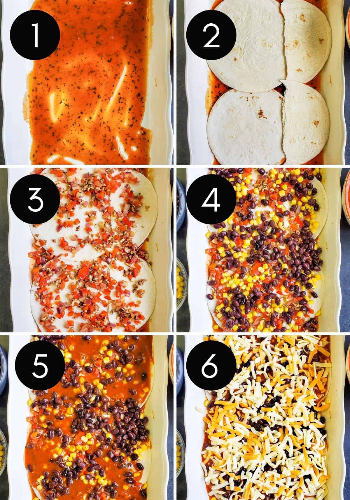 Mexican lasagna being layered in six numbered pictures.