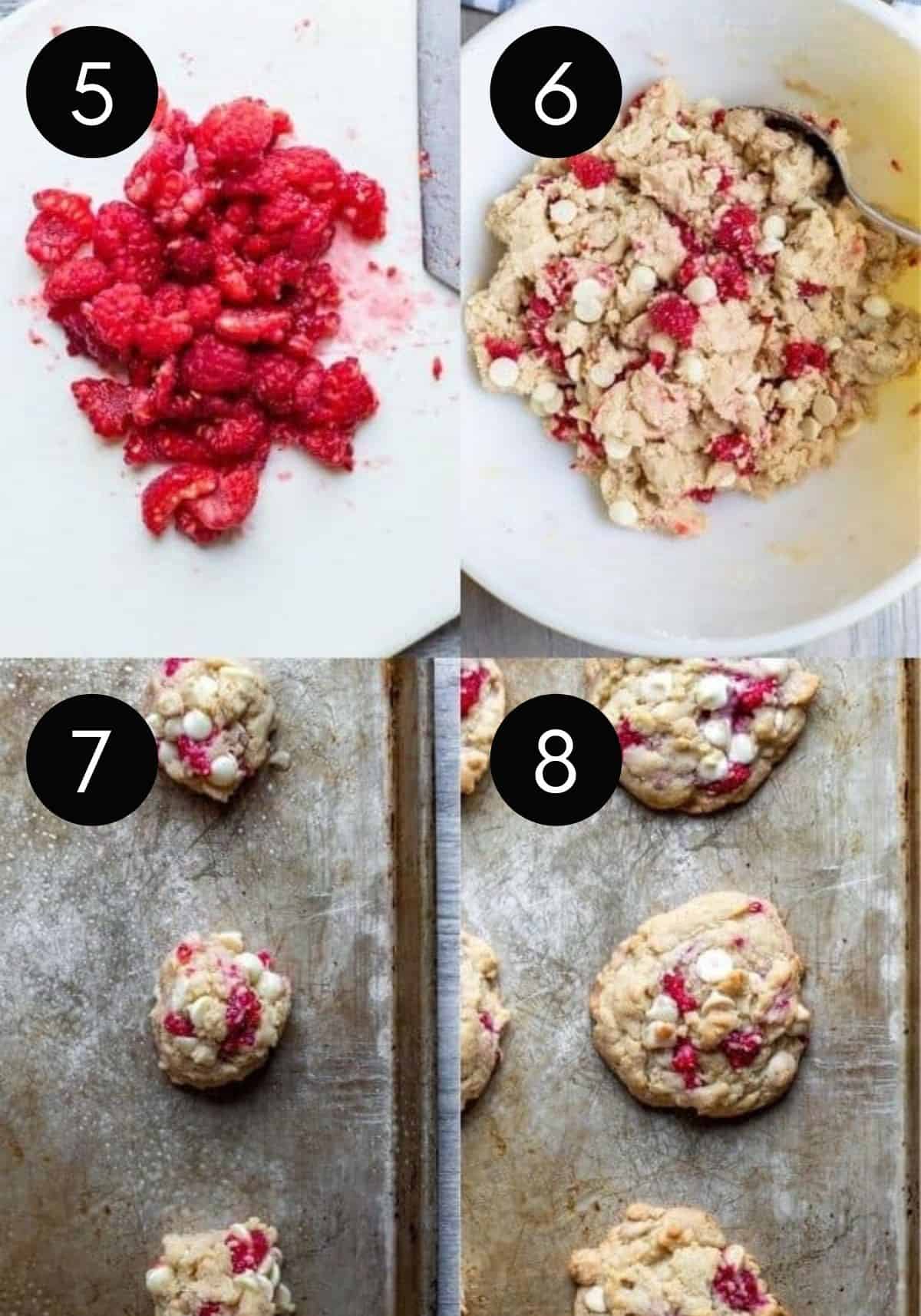 Prep image with four pictures showing raspberry prep and finished cookies.
