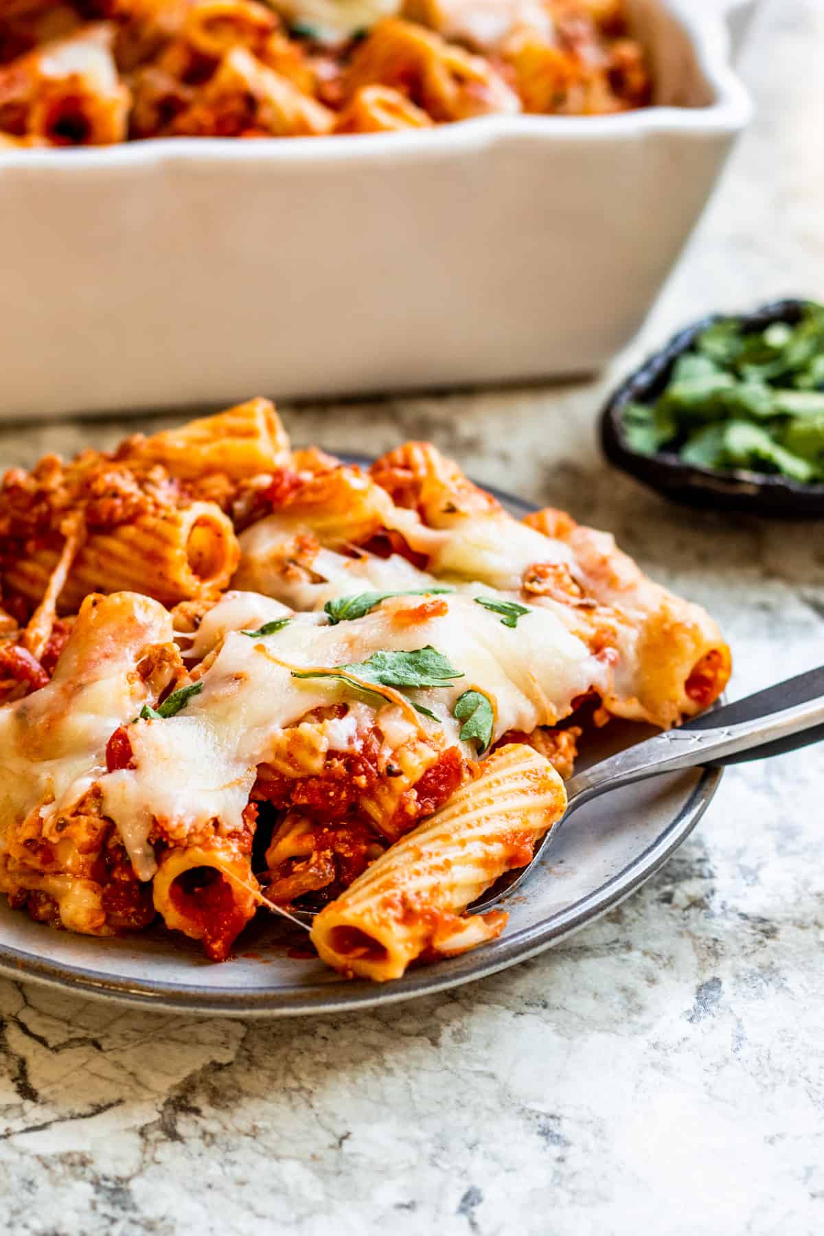 Small plate of mostaccioli with baking dish in background.