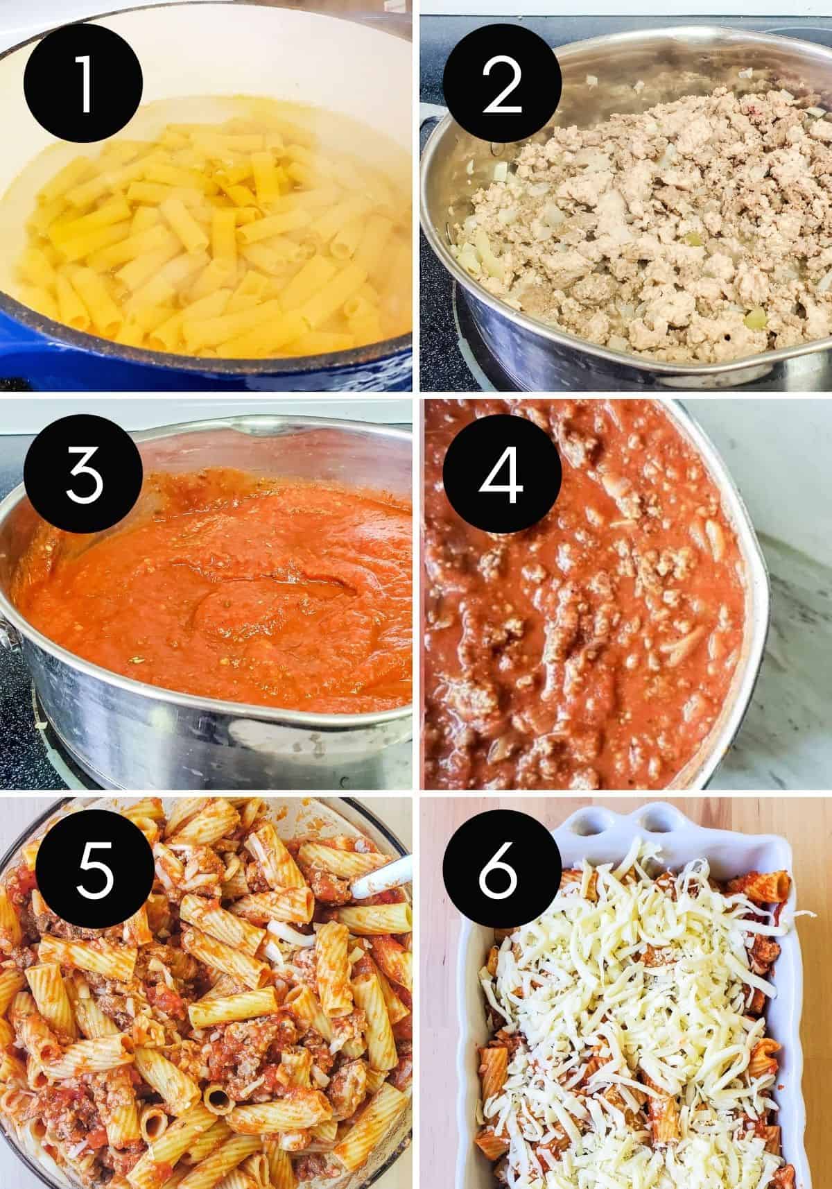 Prep image for baked mostaccioli with six numbered images.