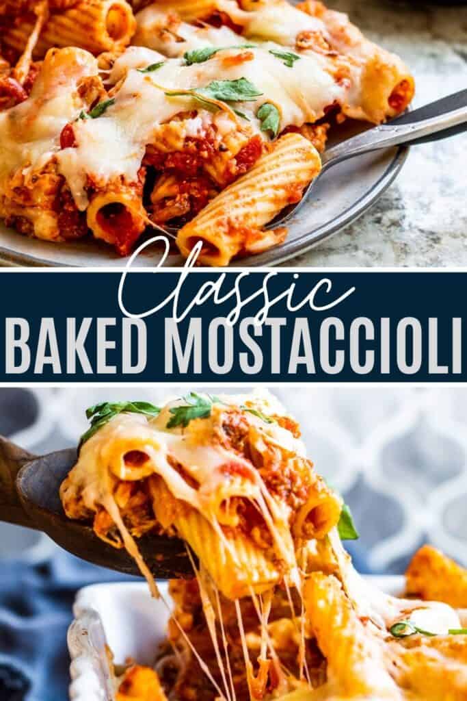 Baked mostaccioli pin with two images and white text in the middle.