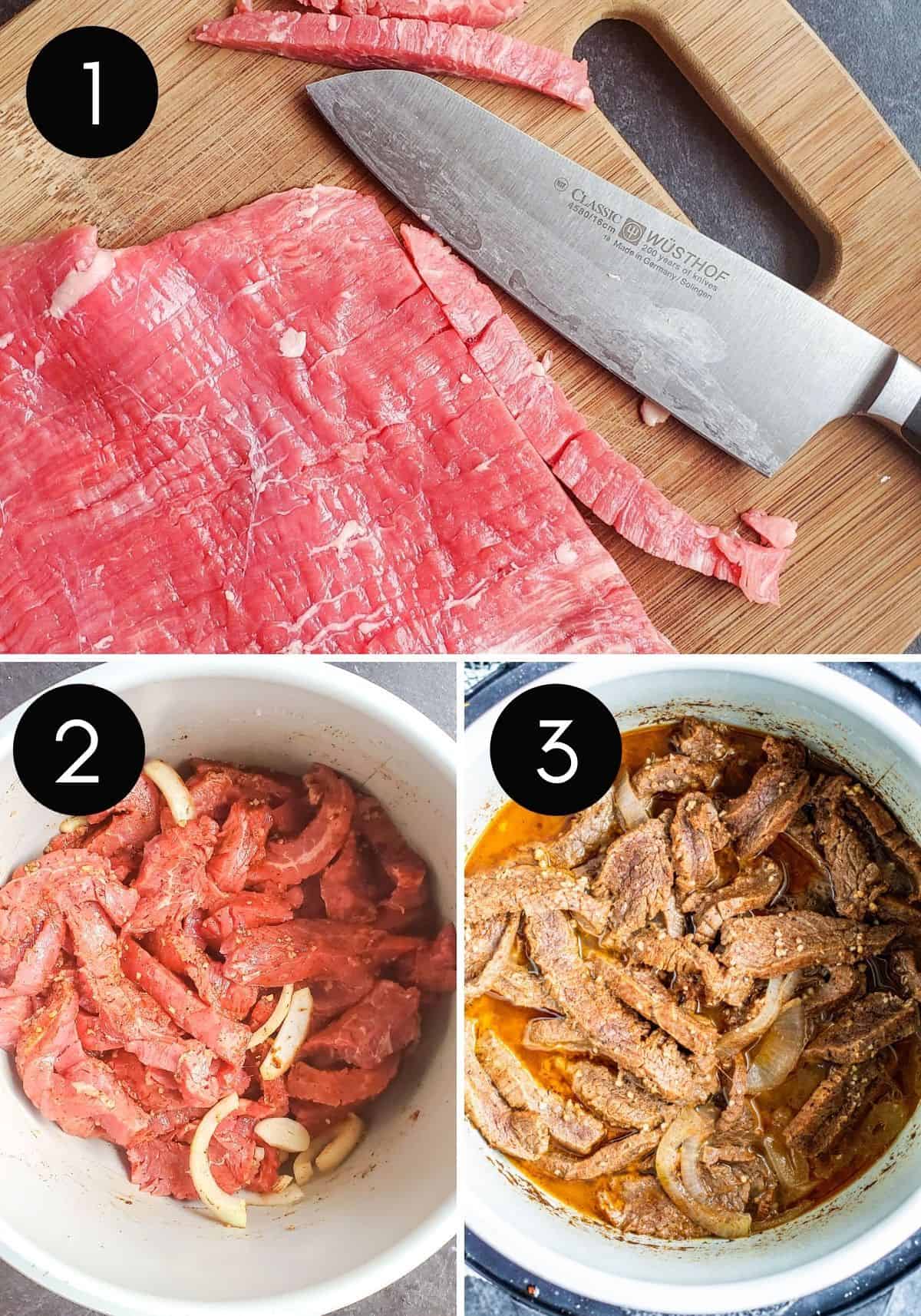 Three prep image collage showing how to make instant pot carne asada with numbered photos.