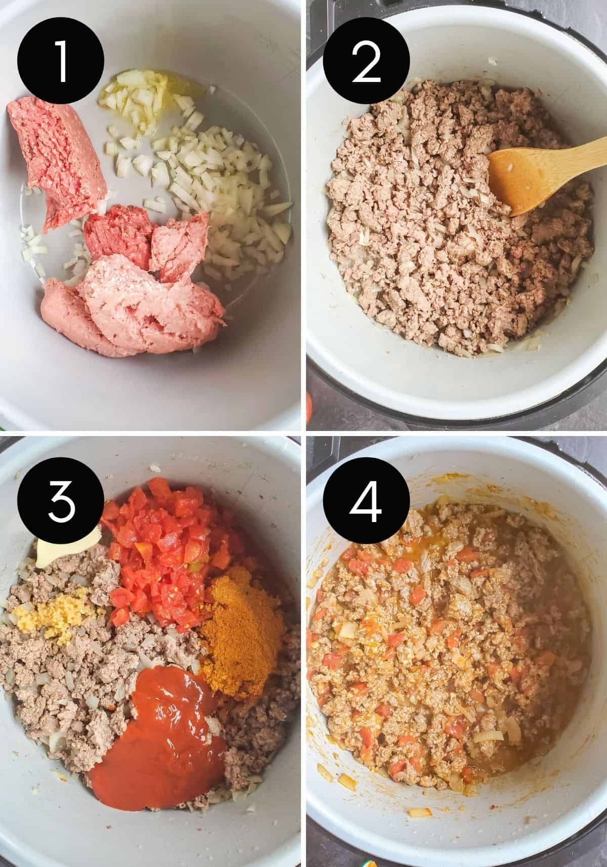 Steps for making taco meat in instant pot with numbered pictures.