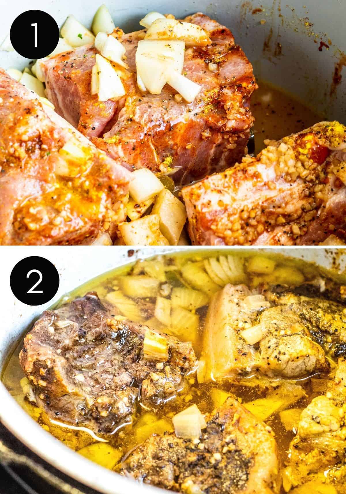 Two prep image collage showing pork being cooked in slow cooker.