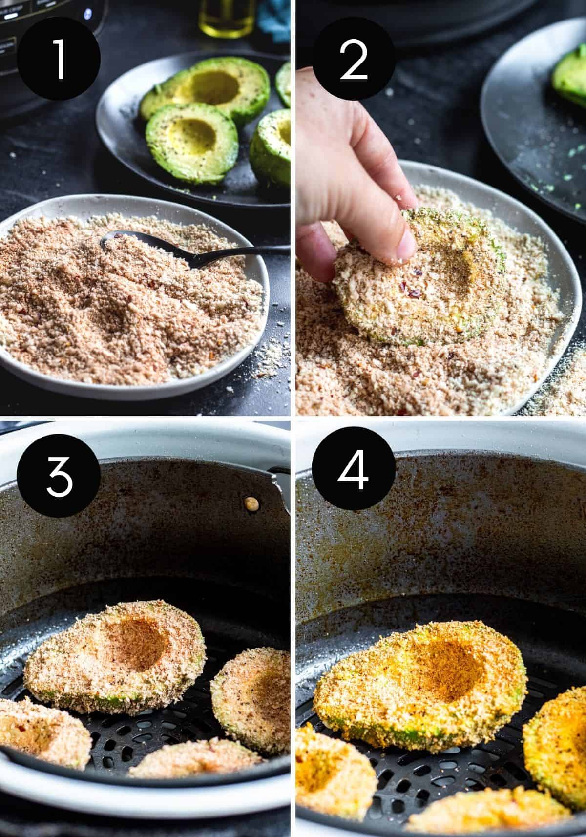 Avocados being breaded then air fried in air fryer.