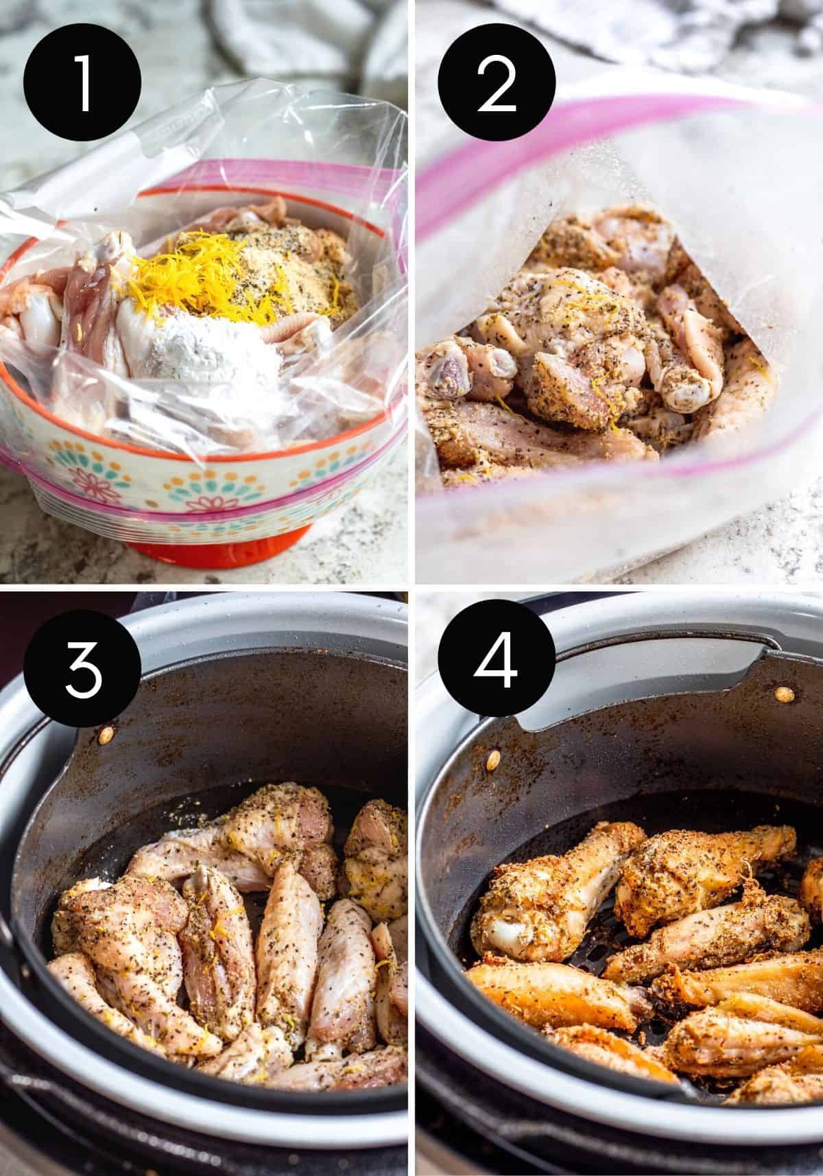 Four prep image collage showing steps to seasoning and air fry wings with black and white numbers.
