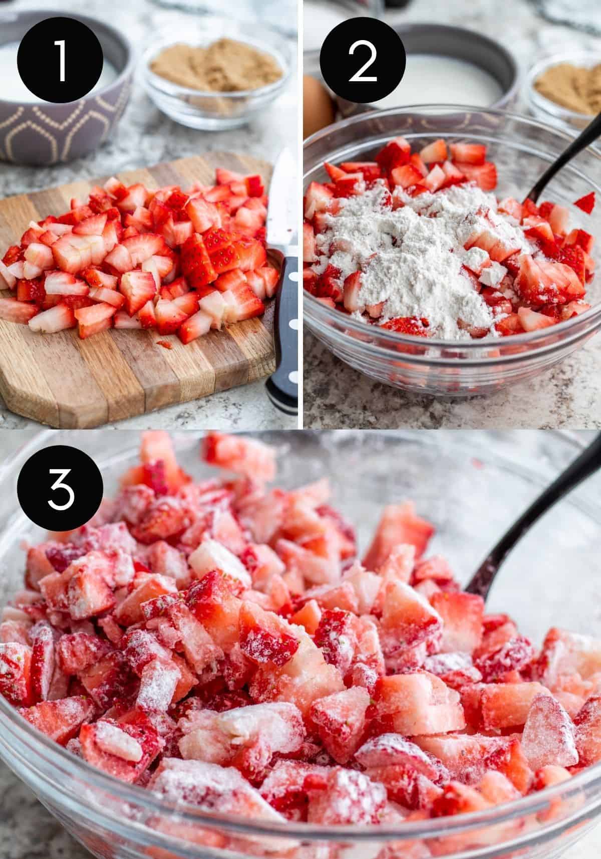 Three prep image collage showing strawberries being tossed in flour.