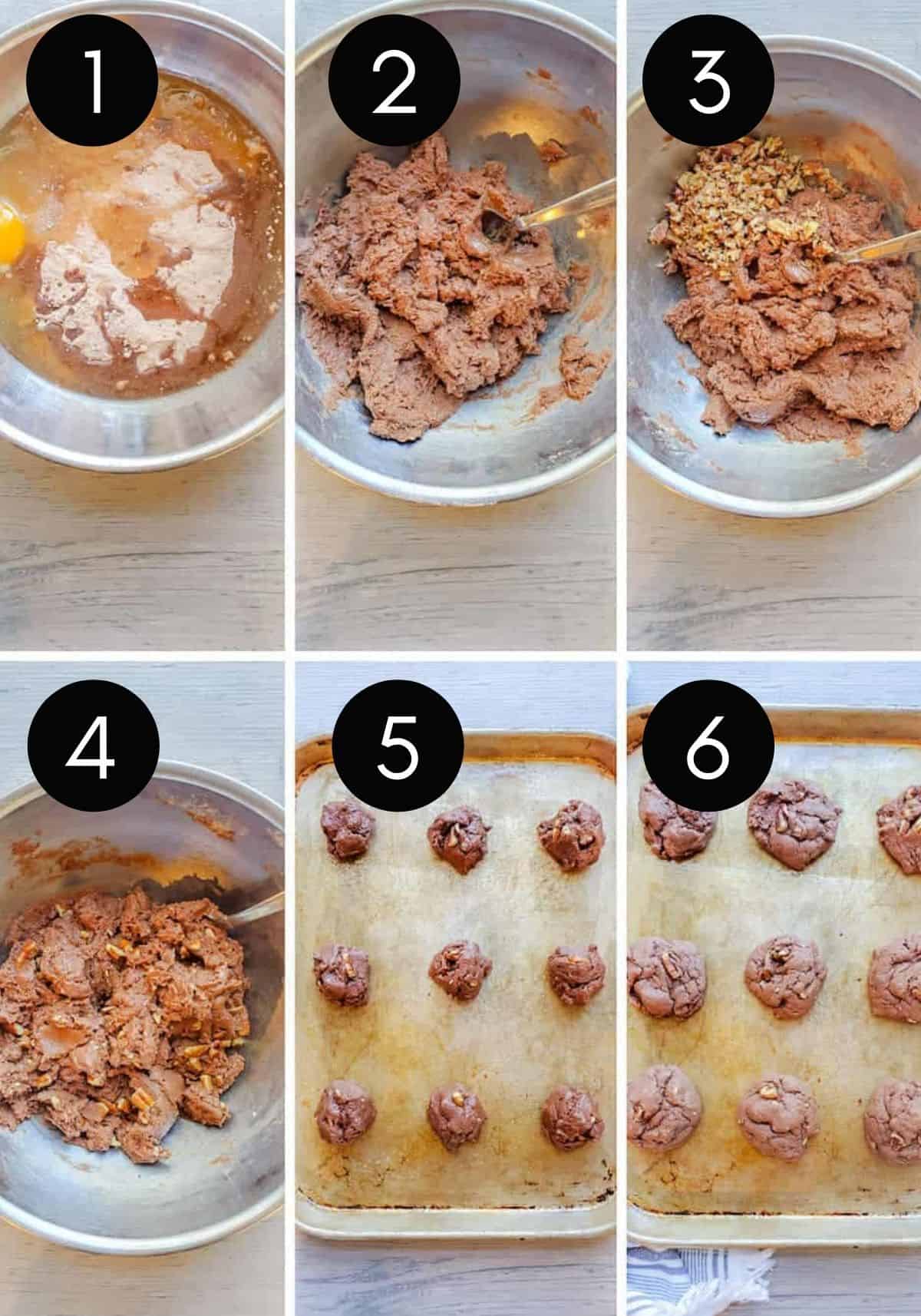 Prep image collage showing 6 images of cookie dough being made then baked.