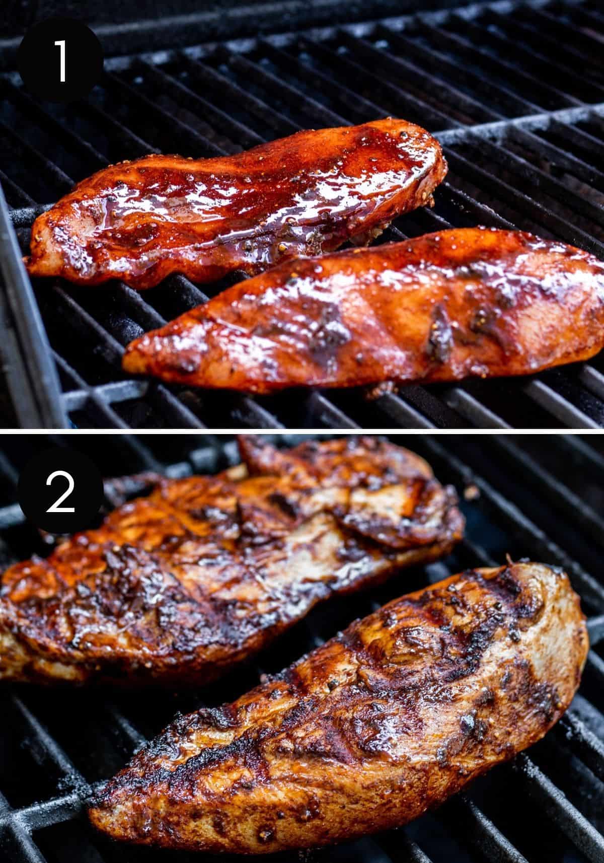Two image collage of chicken being grilled outdoors.