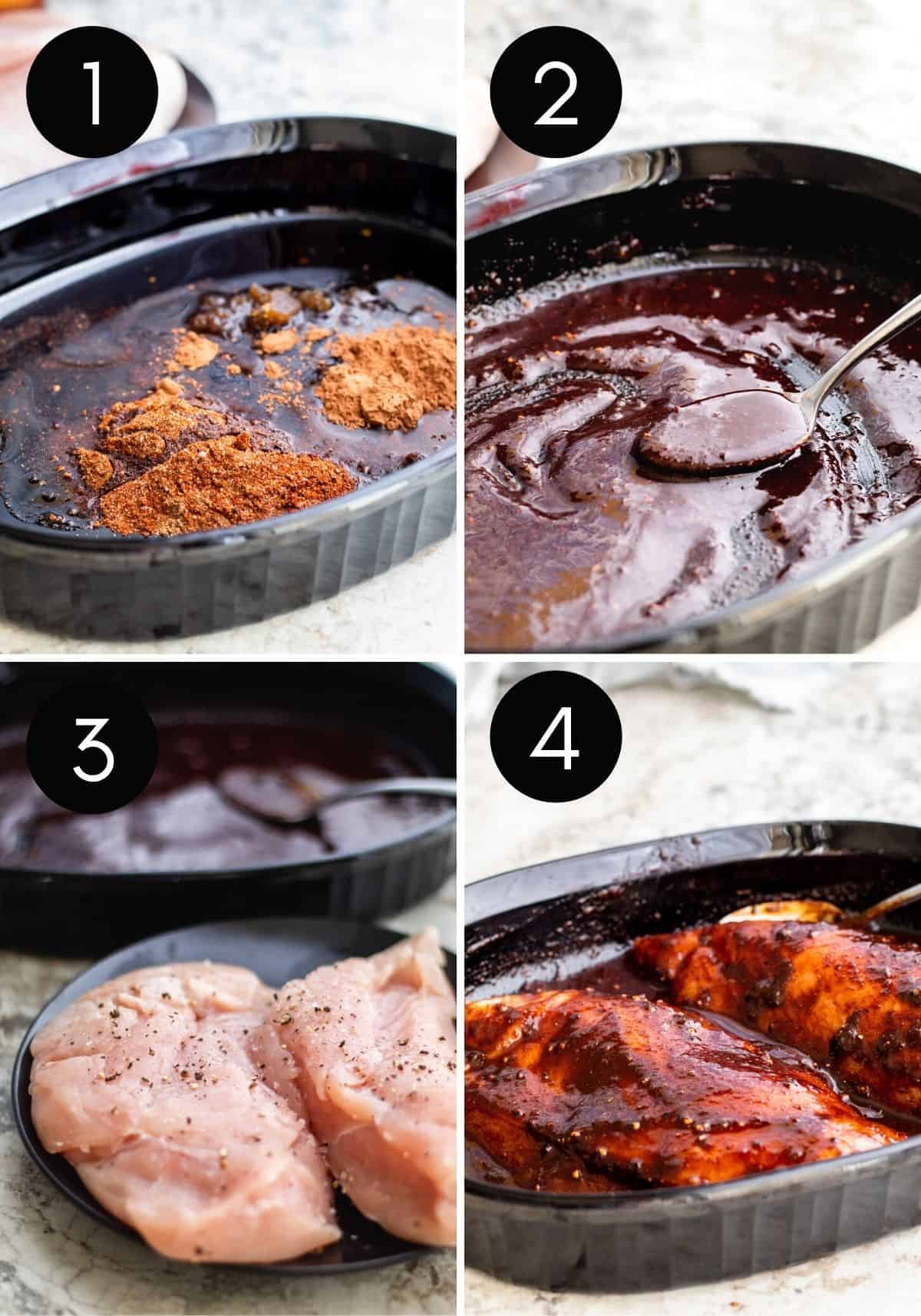 Four prep image collage showing taco marinade being made the coated on chicken.