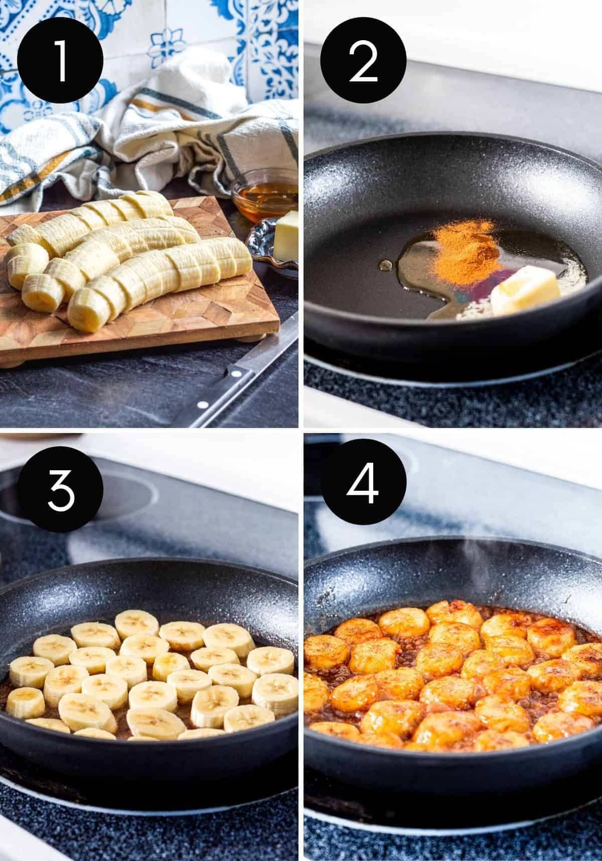 Four image prep collage showing sliced bananas and bananas being fried in pan.