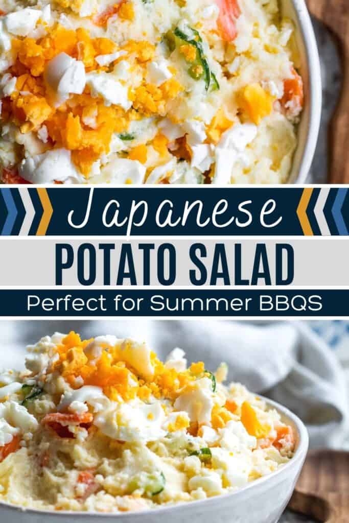 Pin for Japanese Potato salad with two images divided by white and blue text in the middle.