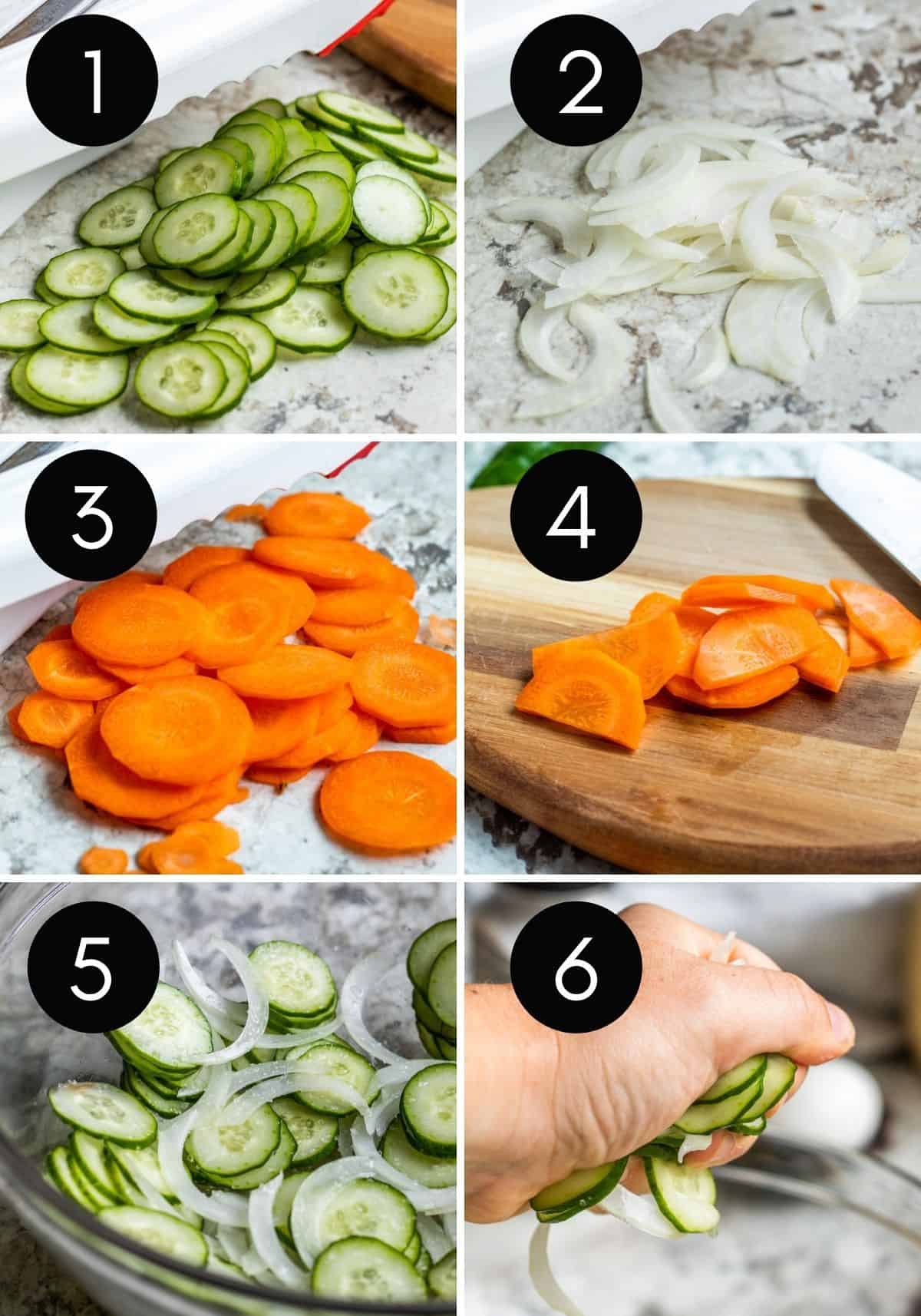 Potato salad veggie prep collage with images of veggies being sliced.