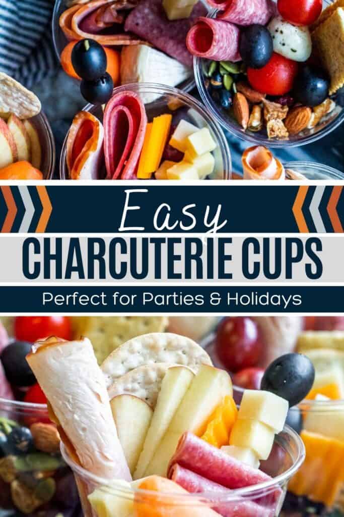 Charcuterie cups pin with two finished recipe images with white and blue text overlay.