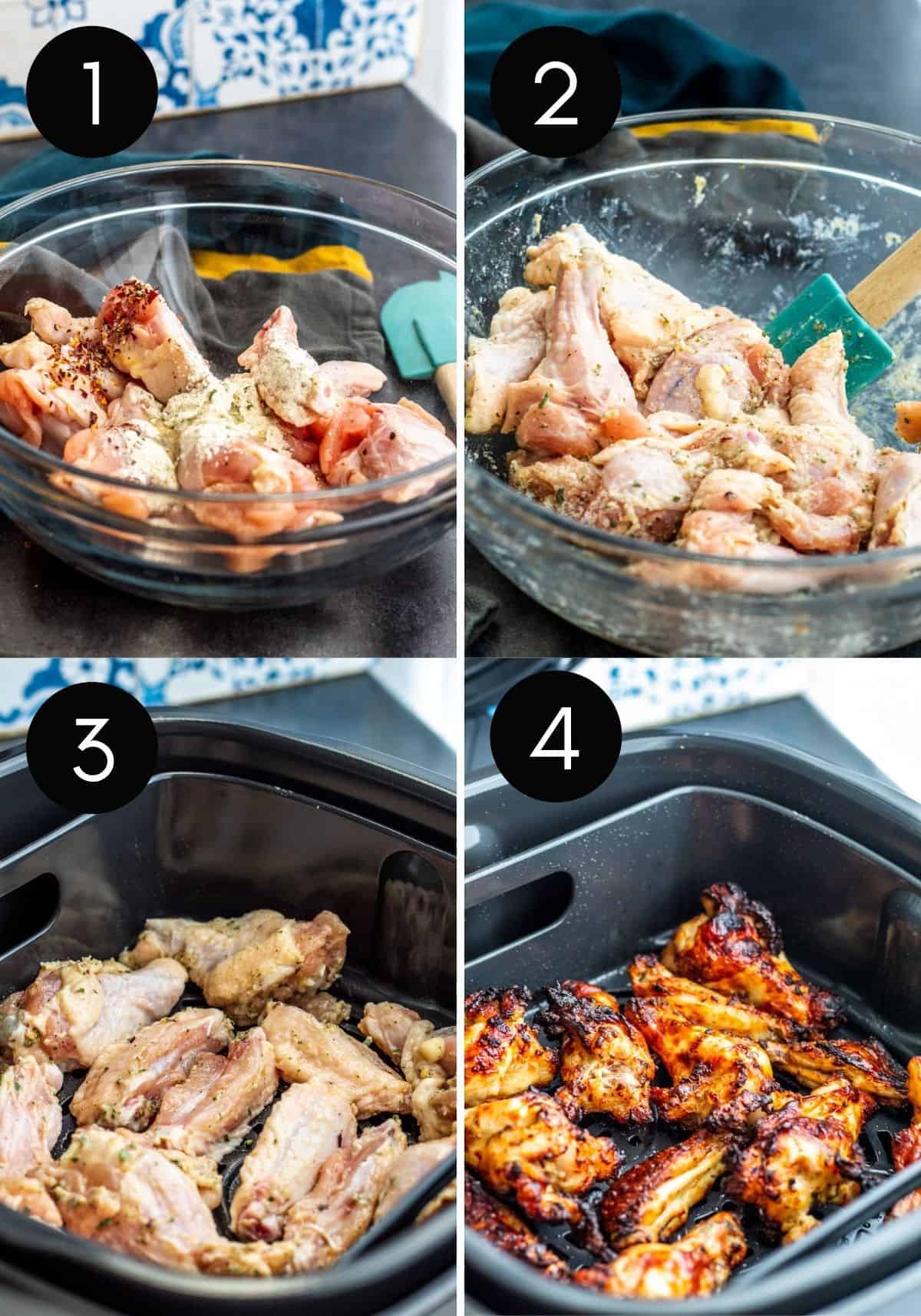 Prep image collage showing wings being seasoning then air fried with numbers.