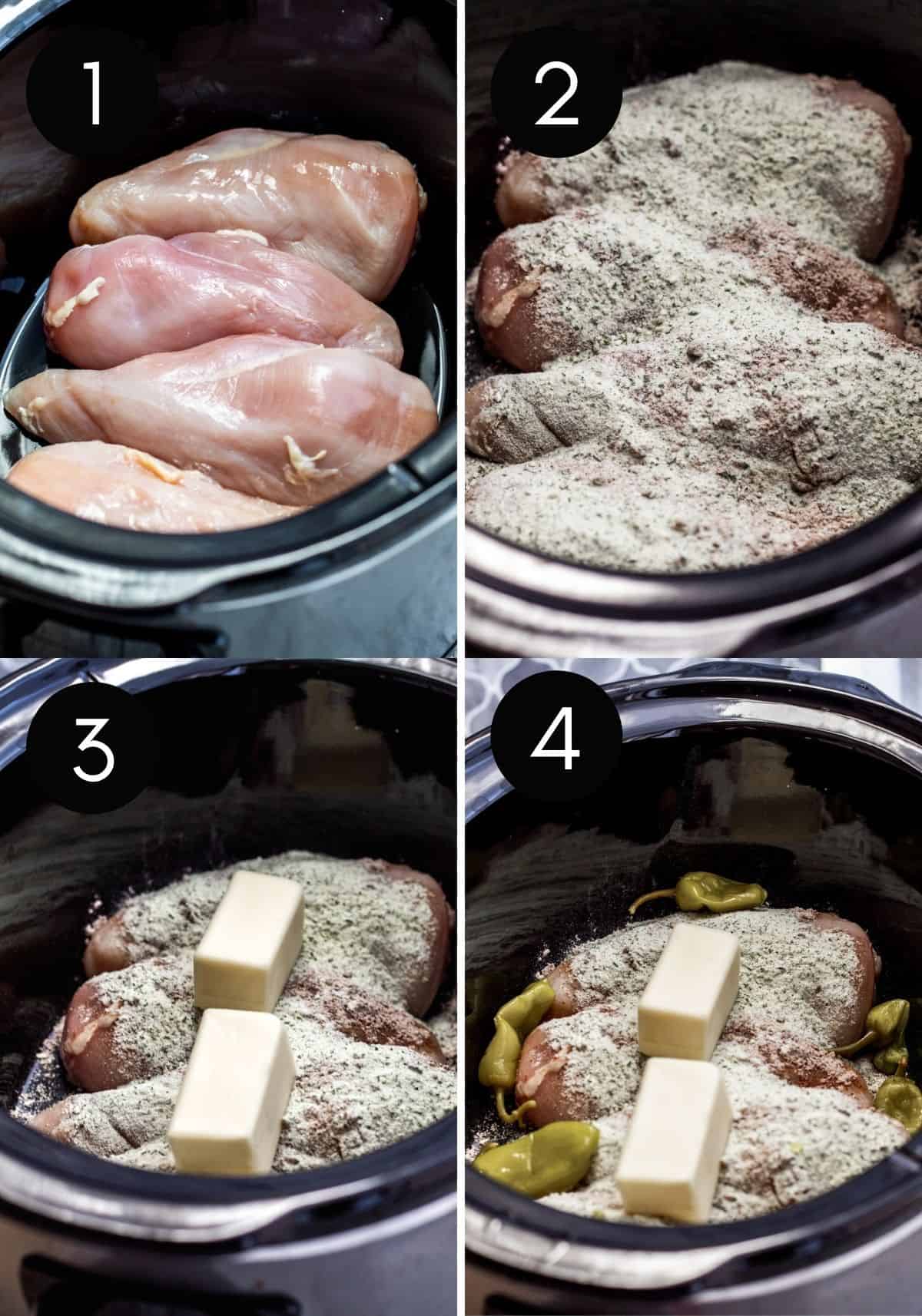 Prep image showing chicken in crockpot then being prepped with four numbered images.