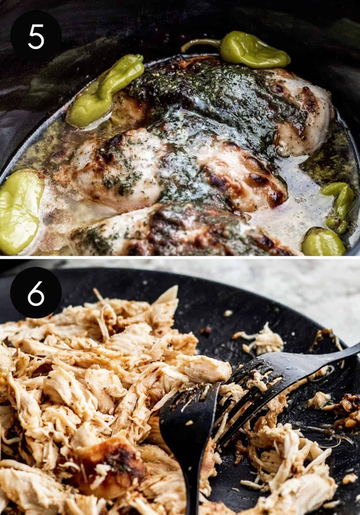Cooked chicken in crockpot then being shredded on black plate with forks.