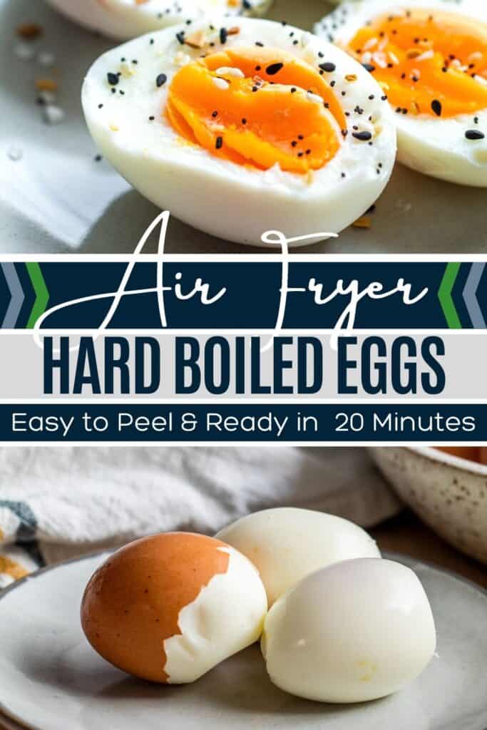 Air fryer hard boiled eggs pin with two finished recipe images and white and blue text overlay.