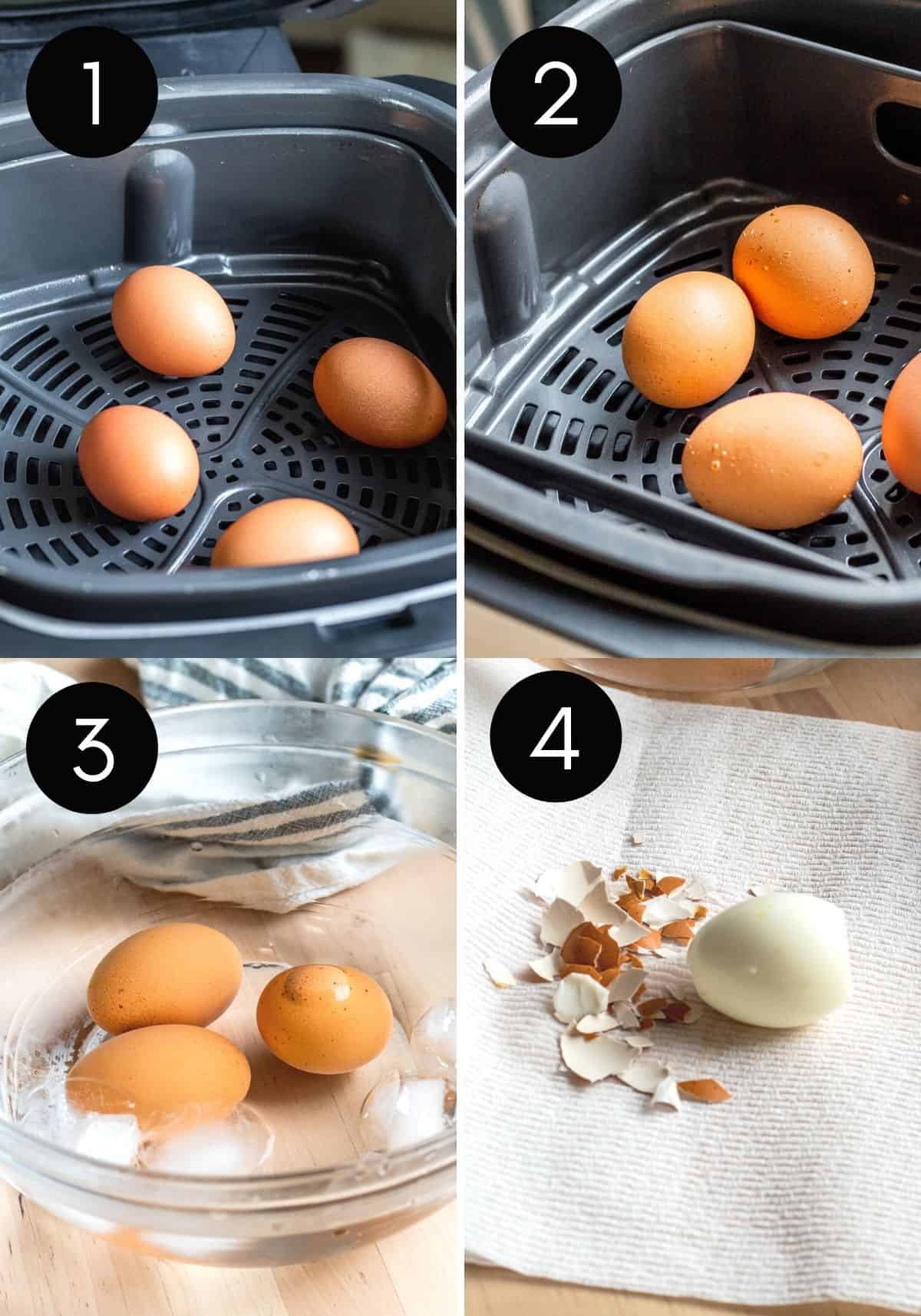 Four prep image collage showing eggs in air fryer, ice bath and being peeled with numbers.