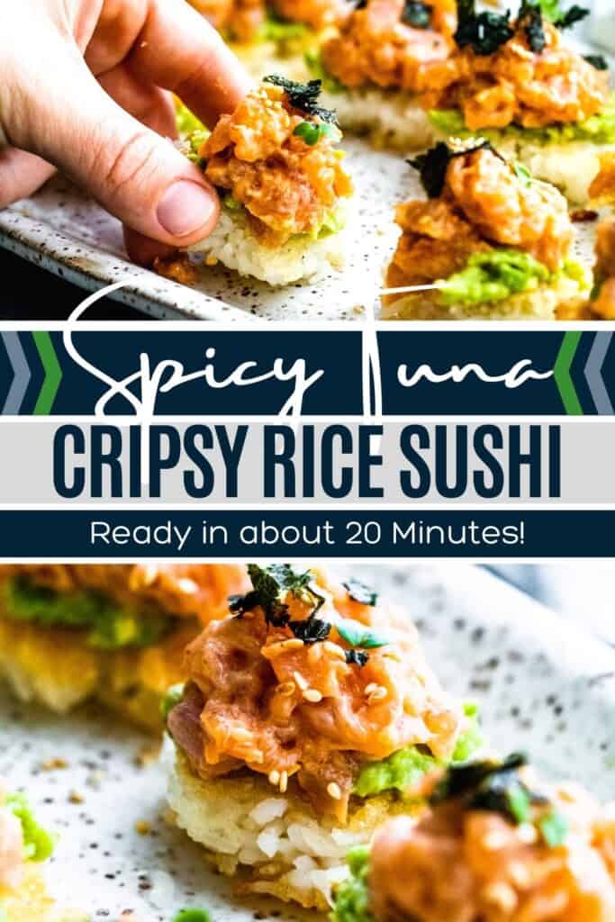 Pin for spicy tuna sushi with two images of finished recipe and white and blue text overlay.