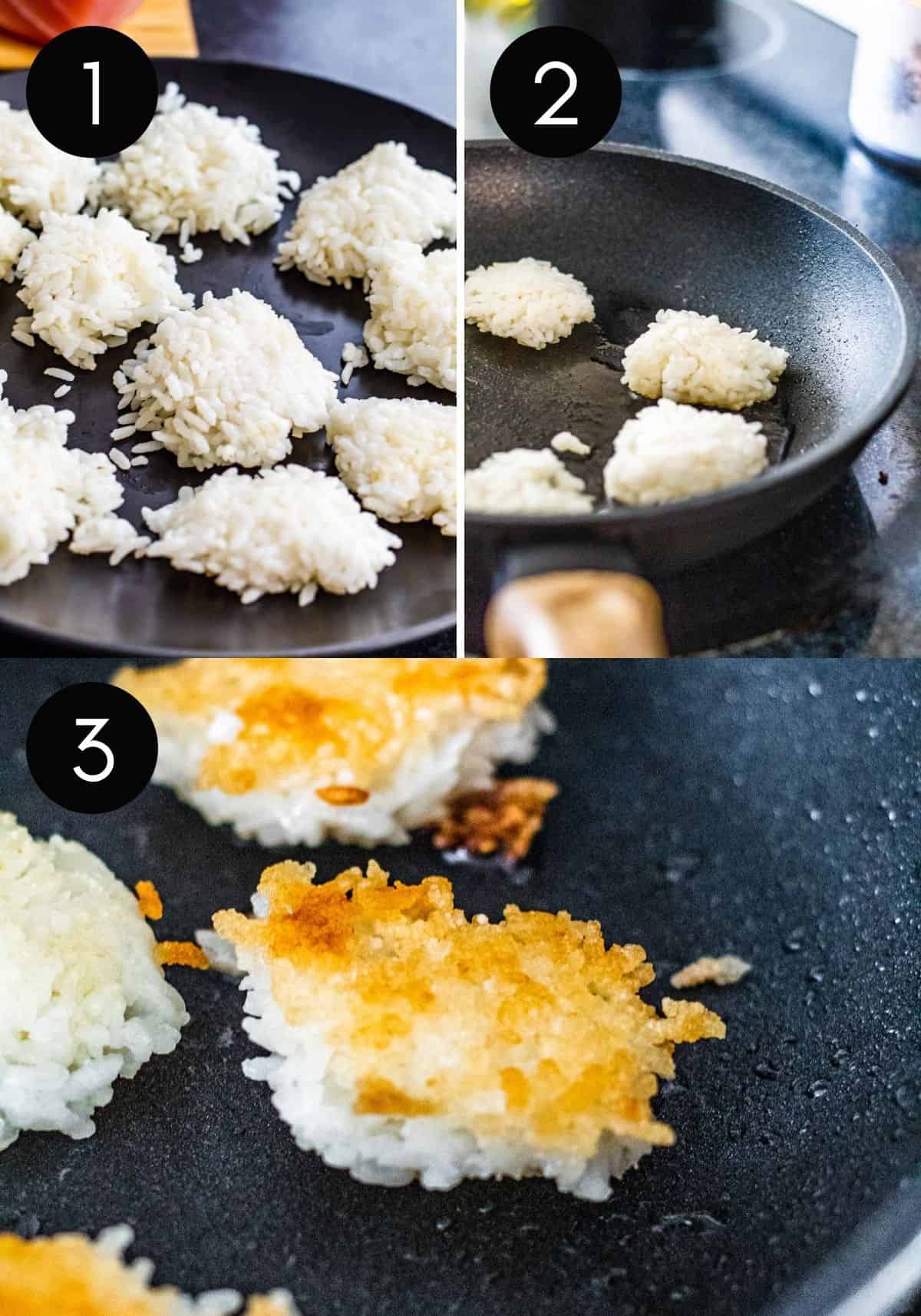 Three image prep collage showing rice being made in skillet.