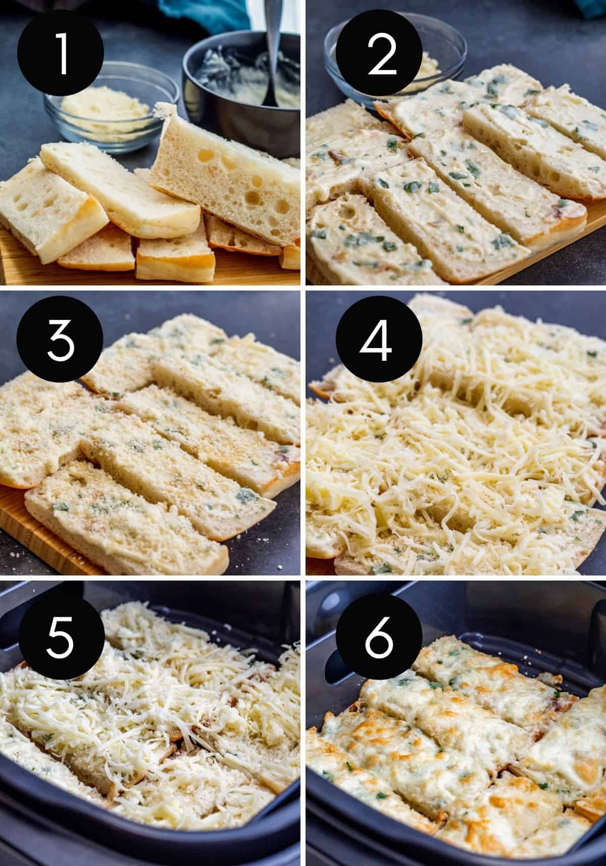 Six image, numbered collage showing garlic bread being prepped and air fried.