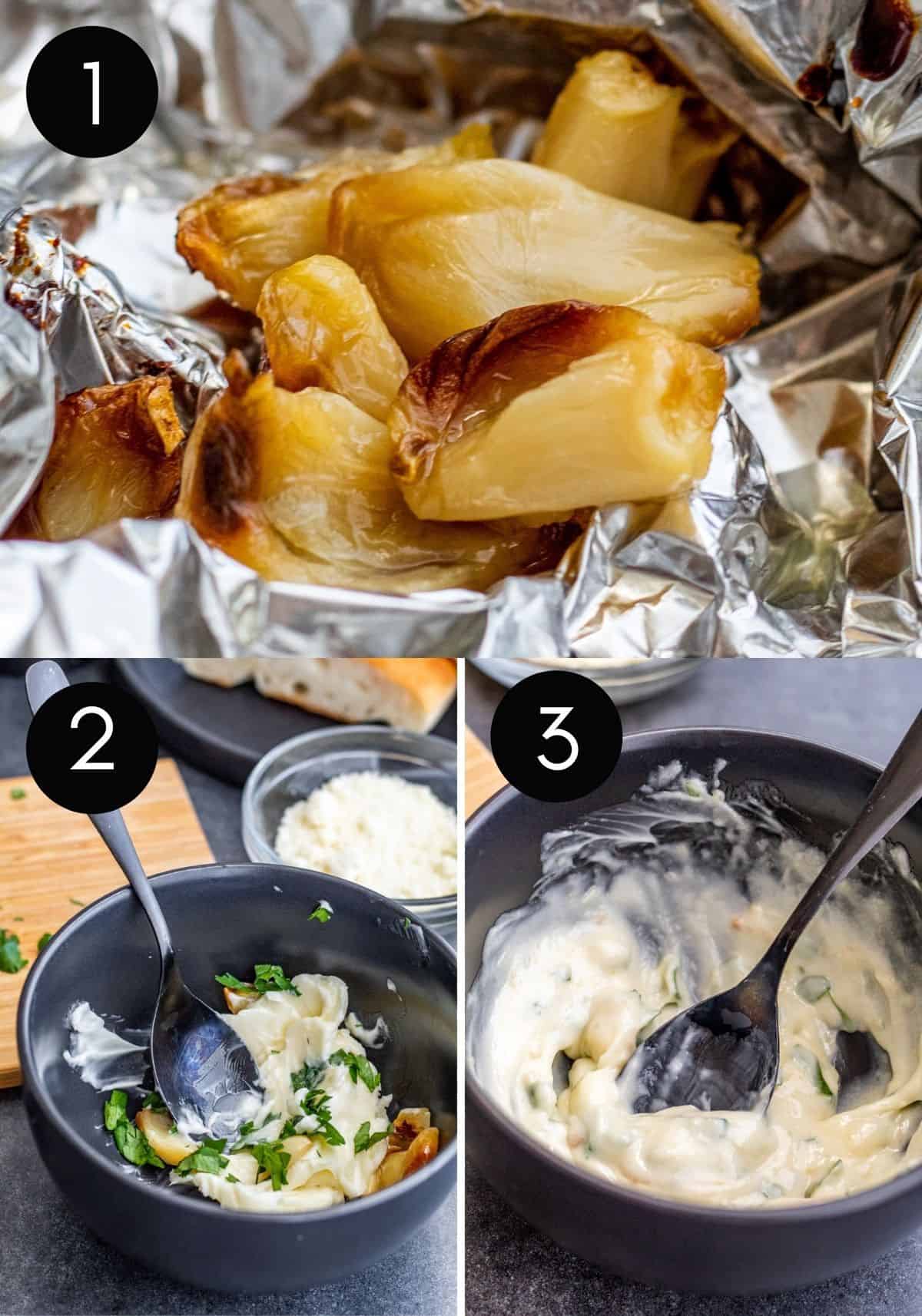 Three shot prep image collage with numbers showing garlic butter being made.