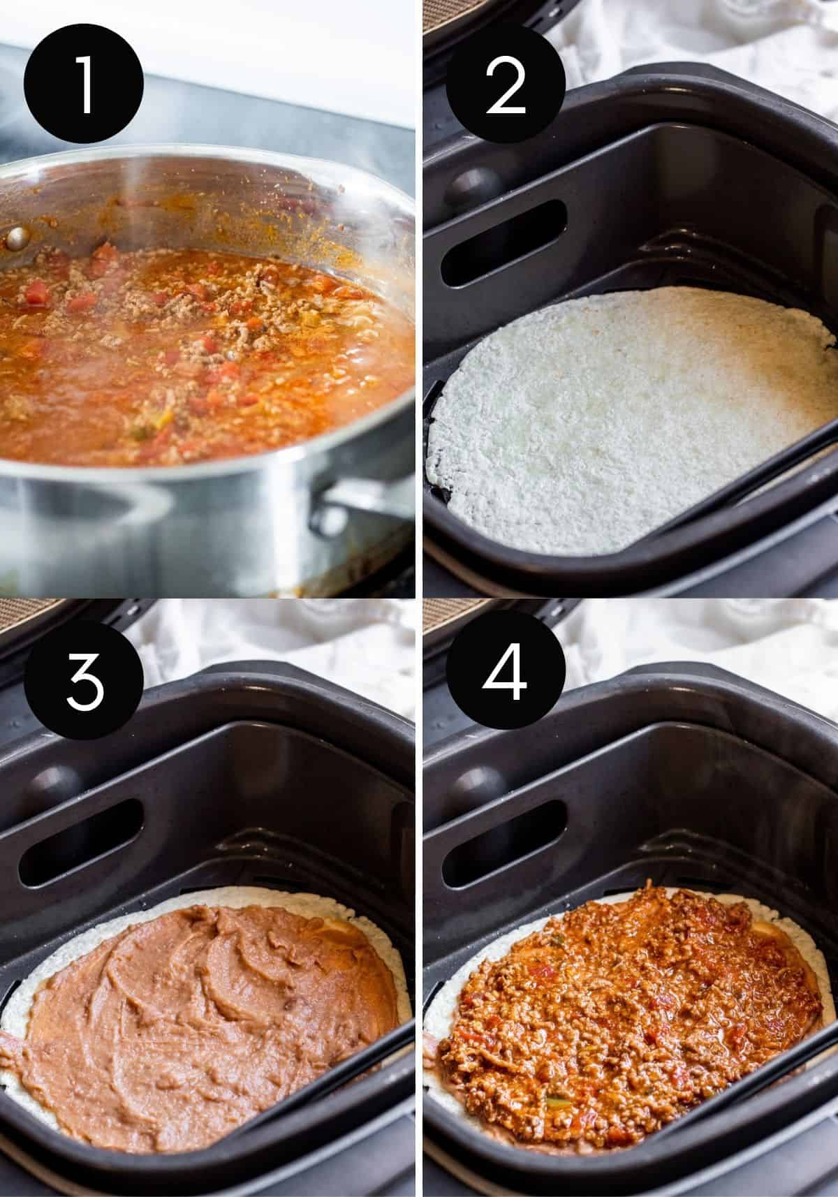 Steps 1-4 prep collage showing pizzas being made in air fryer.