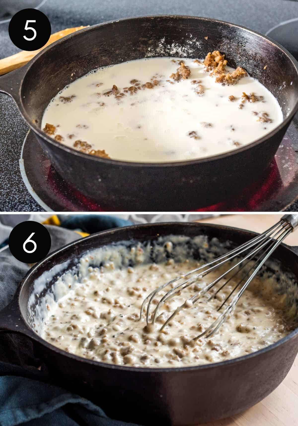 Two image prep collage of gravy in pan and then final recipe finished in skillet.