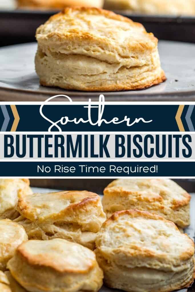 Pin for buttermilk biscuits with two finished recipe images and white and blue text overlay.