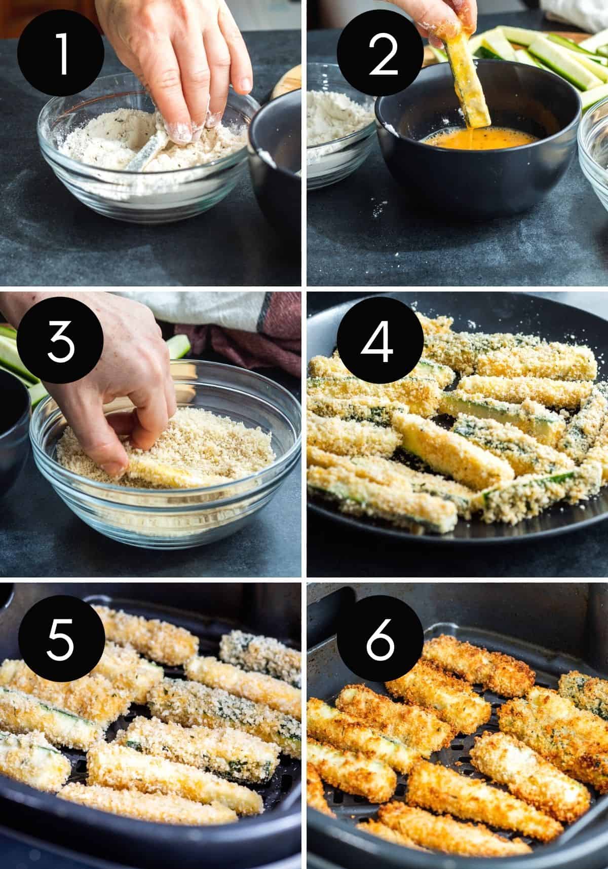 Six image prep collage showing zucchini fries being breaded then air fried.