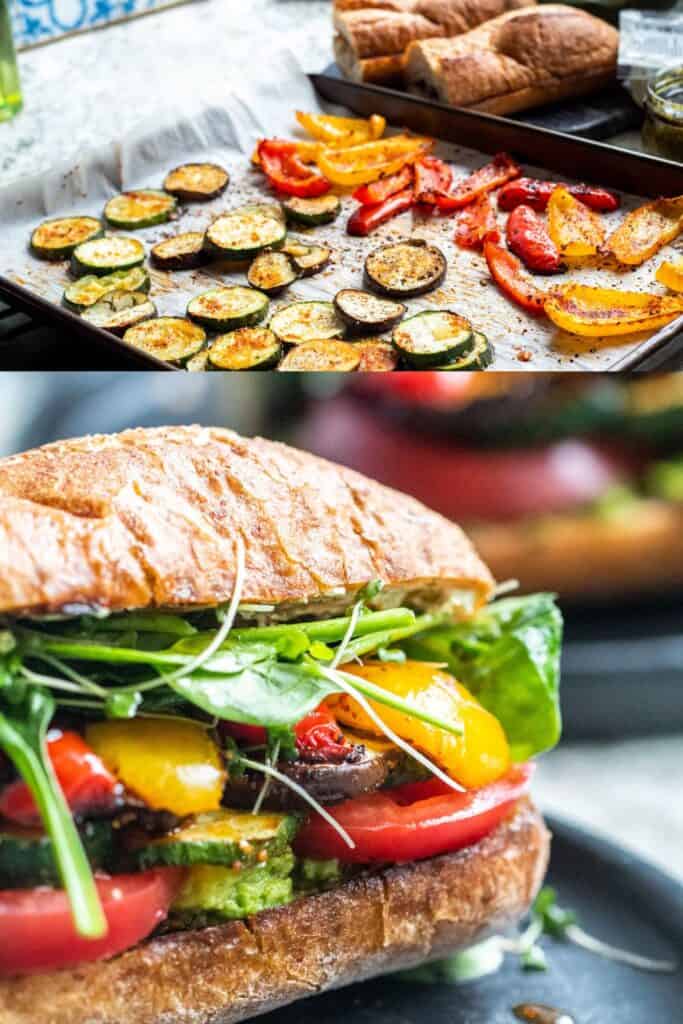 Two image collage showing roasted veggies on parchment paper lined tray. Bottom image shows close up shot of finished vegetarian sandwich on a dark gray plate.