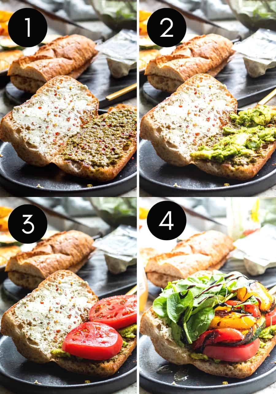Four step prep collage showing how to build a roasted veggie sandwich.